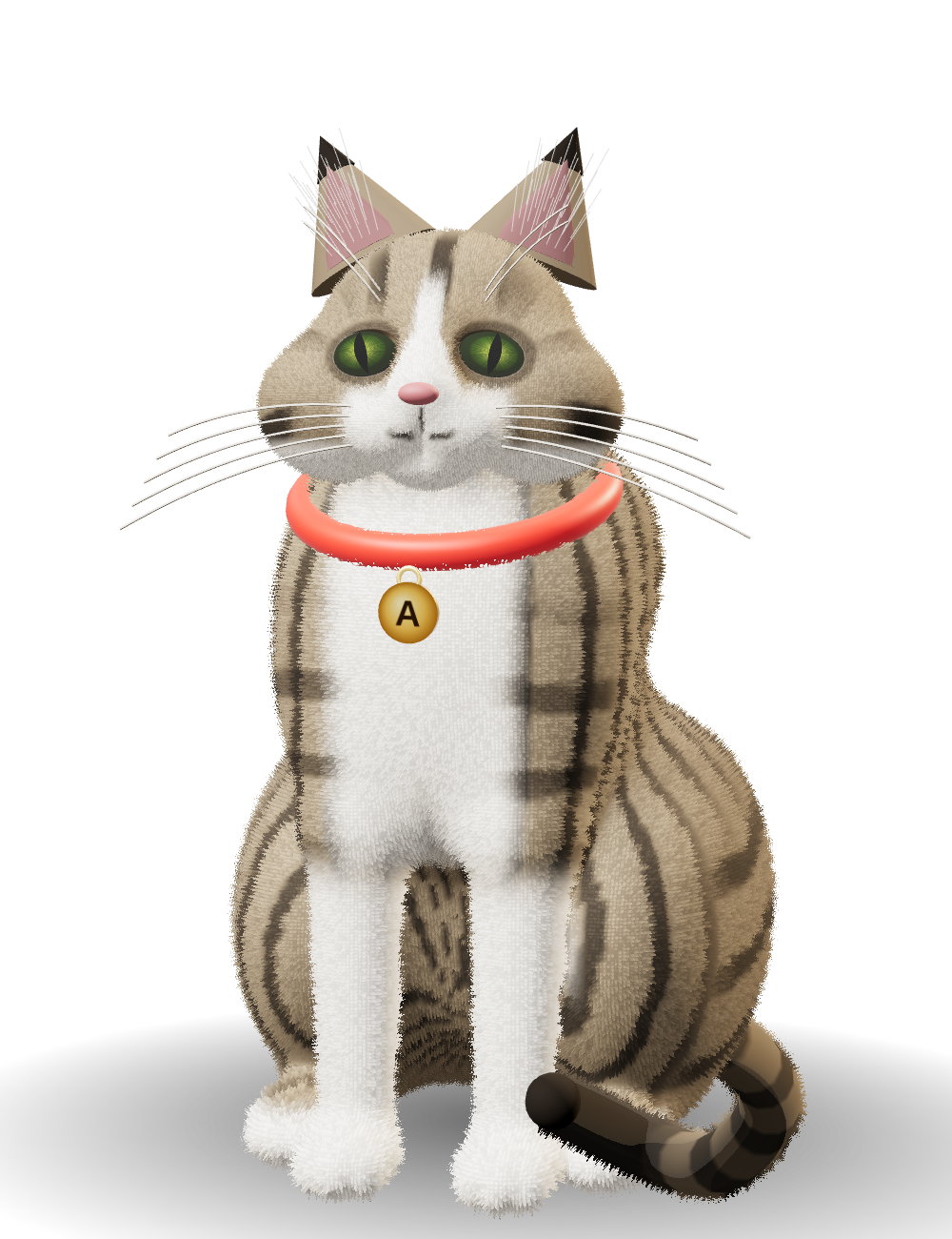 Asimov, a tabby-and-white cat with green eyes and a red collar with a gold A tag, sitting